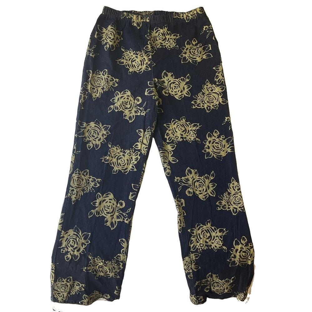 VINTAGE Forenza Women Pants L Navy Floral 30" Inseam Elastic Waist 30” Waist